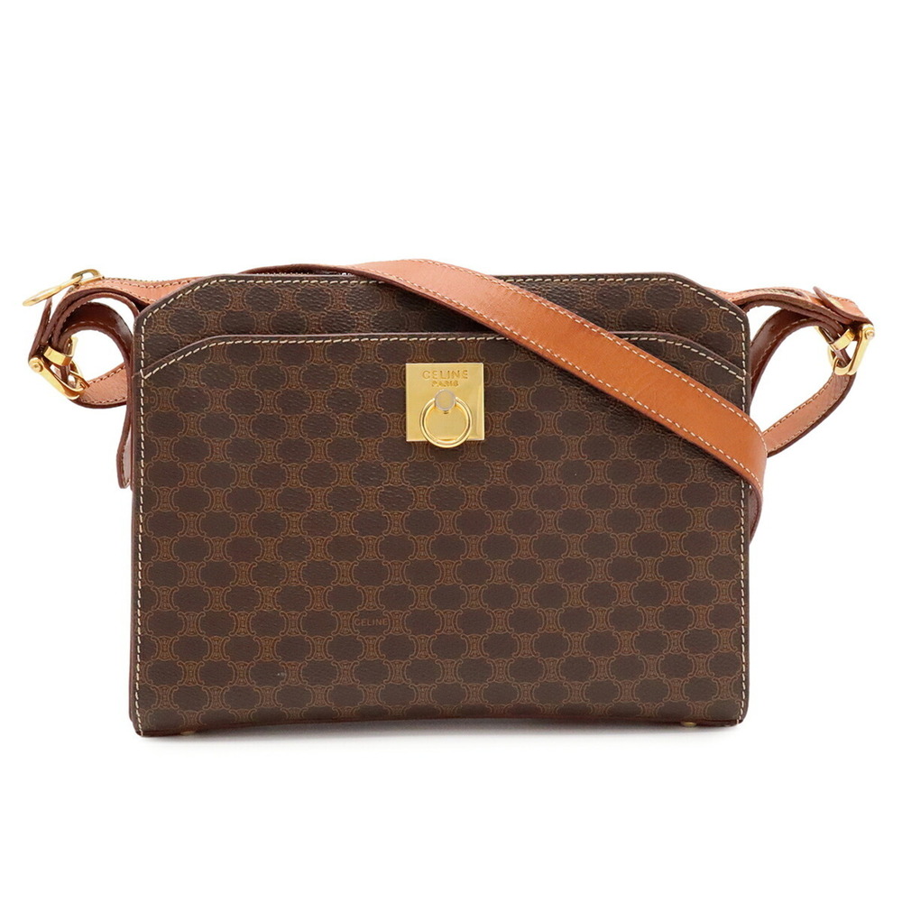 CELINE Macadam Shoulder Bag, Leather, Dark Brown/Brown